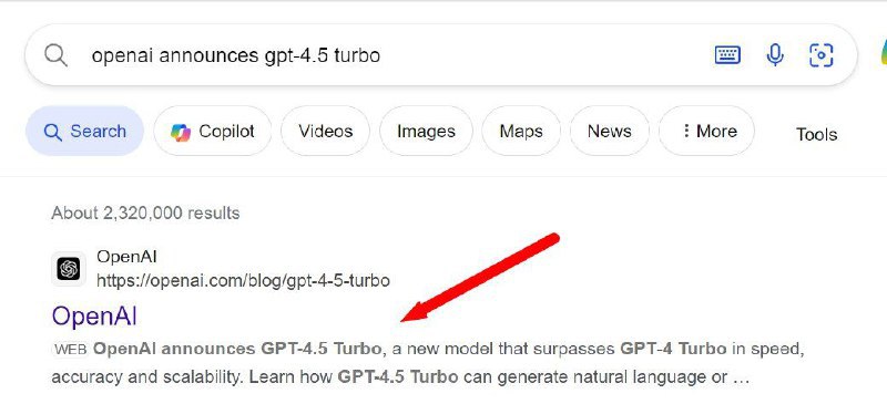 OpenAI的官网缓存泄露GPT-4.5 Turbo模型OpenAI的官网似乎泄露了一张网页缓存，摘要部分的内容是宣布推出GPT-4.5 Turbo模型，但是点开网页后会是404错误