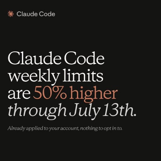 Anthropic宣布提升Claude Code额度:每周限额叠加增长50%，持续至7月13日Anthropic近日宣布，旗下开发者工具Claude Code的每周使用限额即日起临时提升50%，该调整将一直持续至2026年7月13日