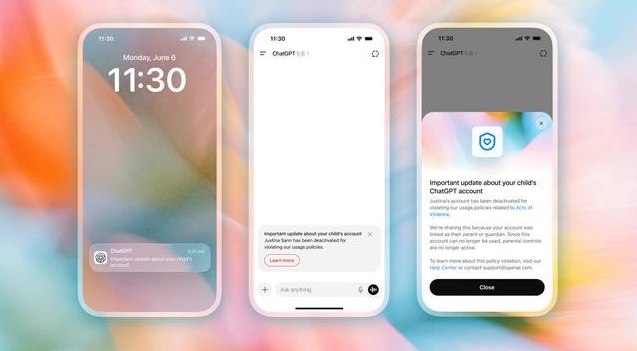 OpenAI扩大ChatGPT家长通知，青少年暴力违规将触发提醒OpenAI宣布扩大ChatGPT家长通知功能，当青少年用户因违反暴力威胁或网络暴力政策被封号时，已关联账号的父母和监护人将收到提醒