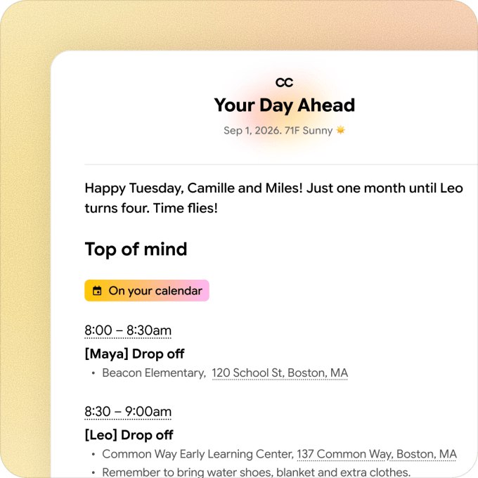 谷歌升级AI助手CC:支持最多6名家庭成员协同管理谷歌正在测试面向家庭场景的AI助手CC，新版产品可连接电子邮件、日历、聊天和任务管理等服务，帮助家庭成员协调日程、管理待办事项，并处理购物清单、膳食计划、许可单等家庭事务