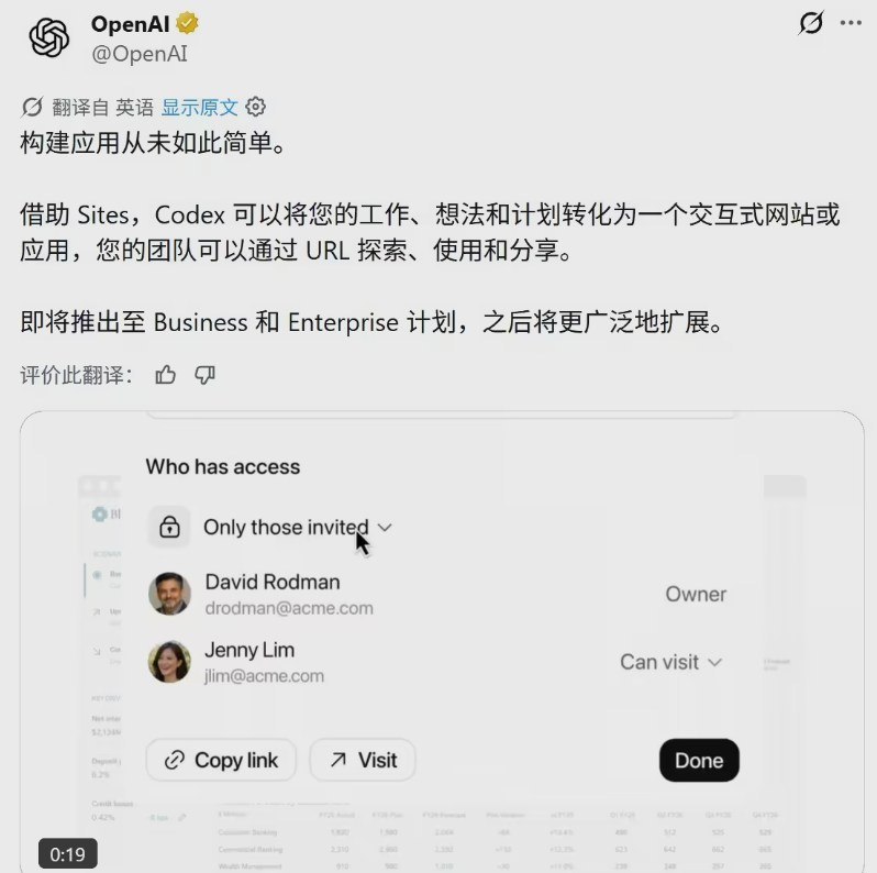 零代码时代终结者！OpenAI 推出 Sites 功能，动动嘴想法就能秒变互动网站全球人工智能巨头 OpenAI 宣布为旗下软件工程智能体 Codex 推出了一项革命性的全新功能——Sites
