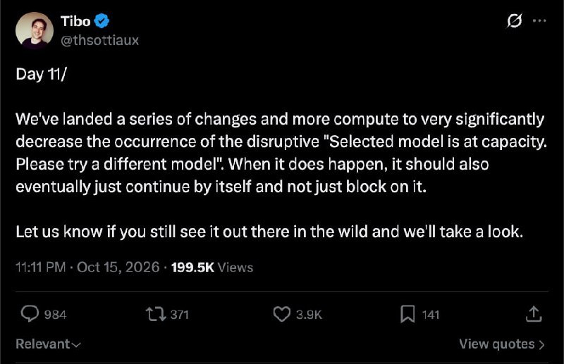 ↩️🖼 🤖 Tibo 称已进行优化 “模型满负荷报错”将大幅减少在花🎗️科技圈:🤖 Tibo 晒 Day 10 重置按钮，玩梗否认丢失，并宣布2小时内重置 OpenAI 在连续 28 天更新的第 10 天更新：Tibo 发布 Day 10/Reset 重置按钮，并套用名句回应：「关于我重置按钮丢失的传闻被严重夸大了