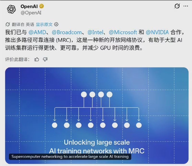 OpenAI 联合英伟达等巨头发布 MRC 协议，重塑大规模 AI 训练网络架构昨日，OpenAI 正式发布公告，宣布联合 AMD、博通（Broadcom）、英特尔、微软及英伟达(NVIDIA)等五大行业巨头，共同推出多路径可靠连接（MRC）协议