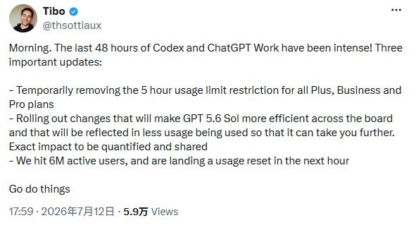 🤖 Codex 和 ChatGPT Work 暂时取消 5 小时使用限制ChatGPT 即日起临时取消 Plus、Business 和 Pro 计划的 5 小时使用量限制