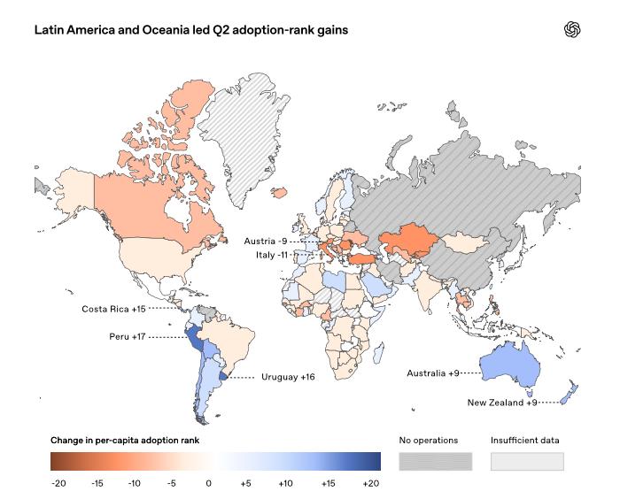 OpenAI 首曝 ChatGPT 全球国别数据：AI 从问答走向干活OpenAI 发布首份 ChatGPT 国别使用数据，显示人工智能正从“问答工具”转向“生产工具”