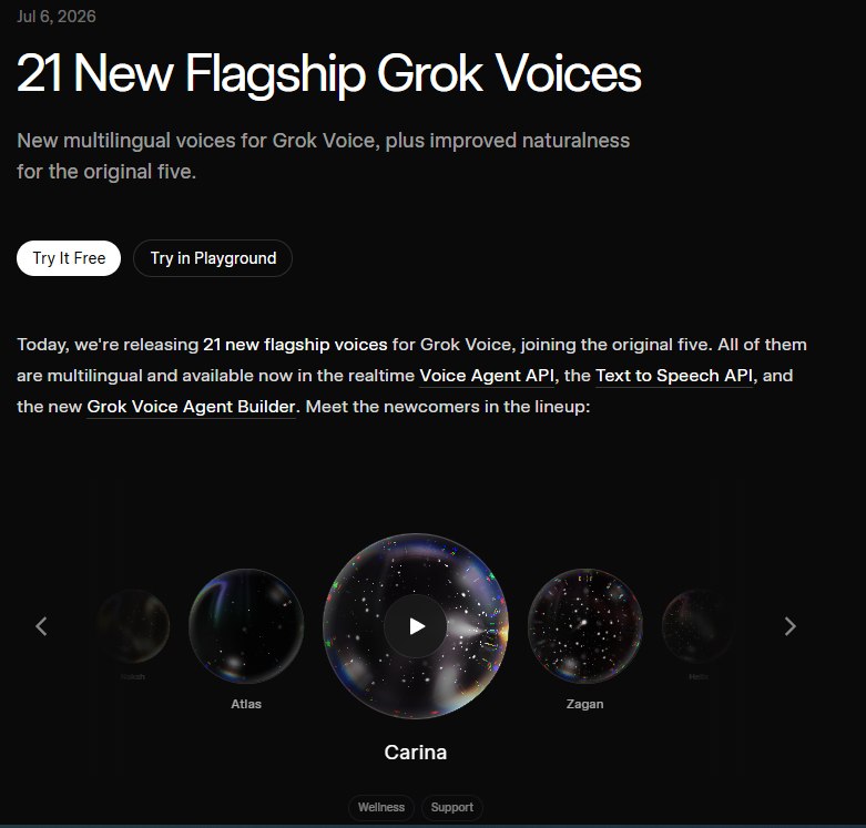 xAI全面升级Grok Voice，新增 21 款多语言旗舰语音近日，xAI对其旗下的Grok Voice系统进行了重大版本更新，不仅显著提升了交互体验，更在语音资产方面迈出了关键一步