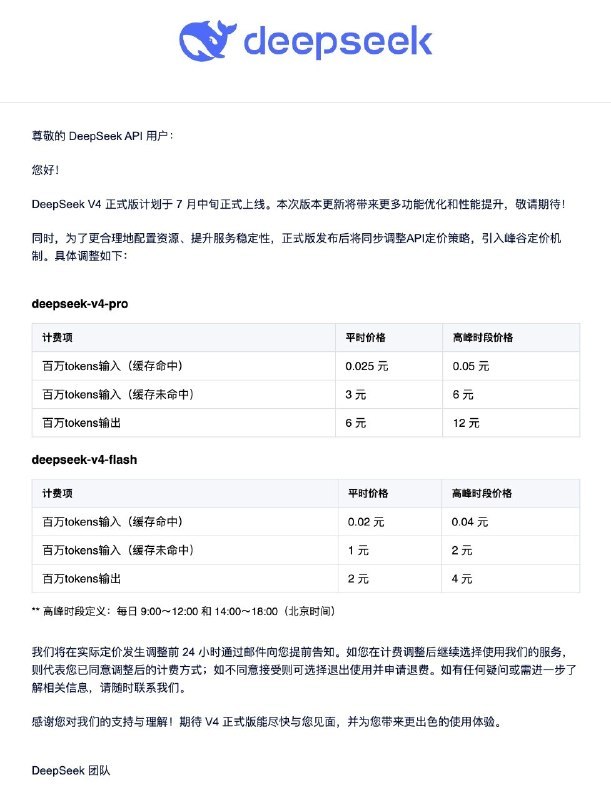 ↩️🖼 🤖 DeepSeek V4 正式版计划 7 月中旬上线，引入峰谷定价机制科技圈🎗在花频道📮:🤖 DeepSeek-V4-Pro API 优惠结束后定价将为原价的四分之一 DeepSeek-V4-Pro 模型 API 目前的 2.5 折优惠活动将于 2026 年 5 月 31 日结束